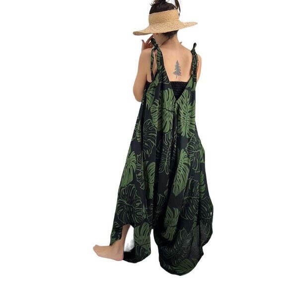 Pōʻalima Black Green Monstera Tropical Boho Wide Leg Beach Romper - Picture 8 of 15